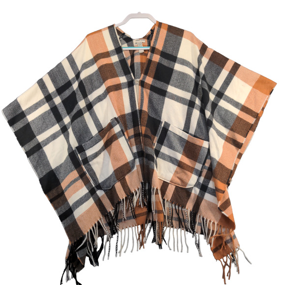 Anne Klein Women's Poncho Cape Multicolor One Size Plaid Fringed Polyester - Picture 1 of 8